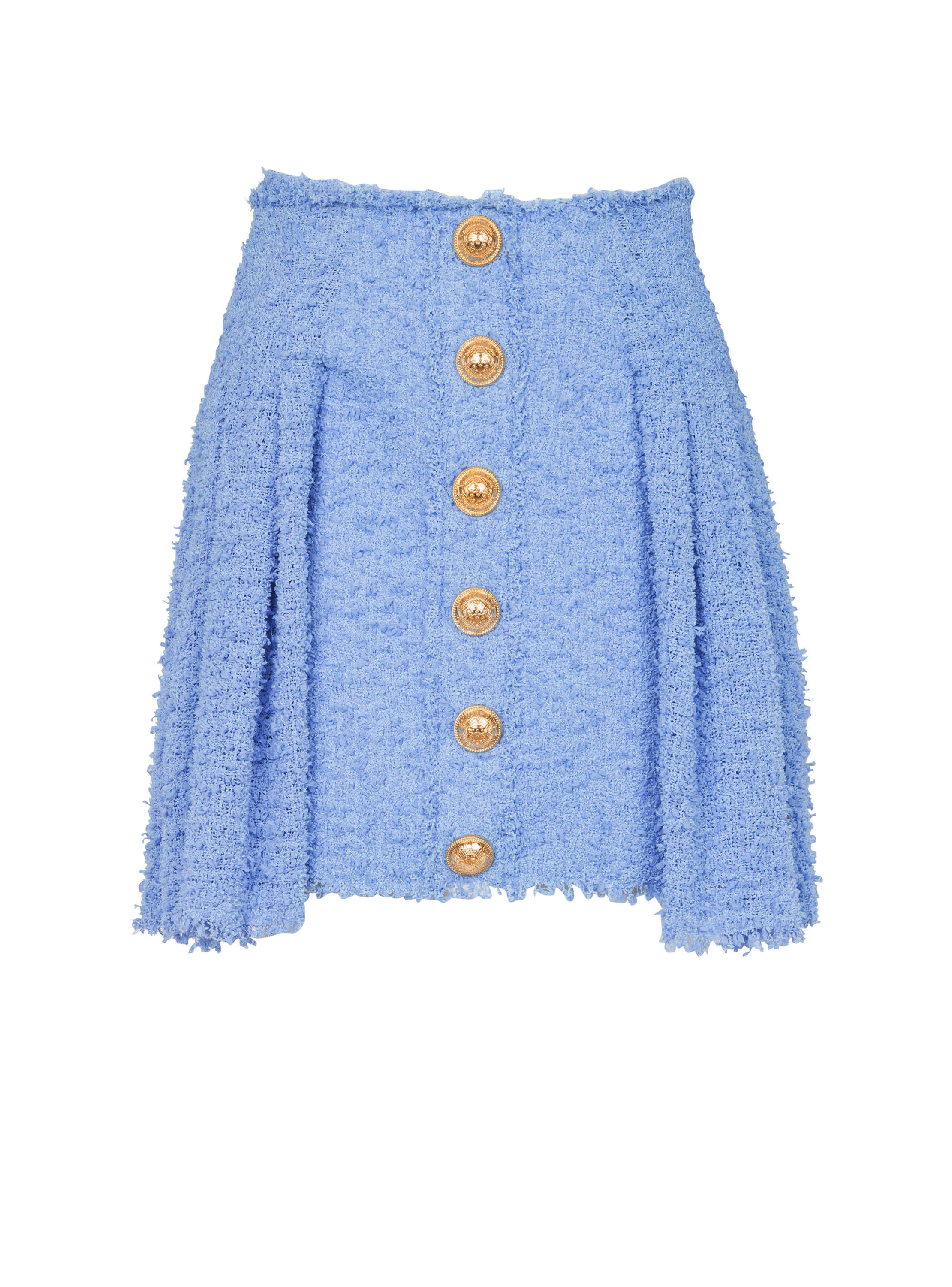 Falda de estilo patinadora plisada de tweed con botones, azul, hi-res